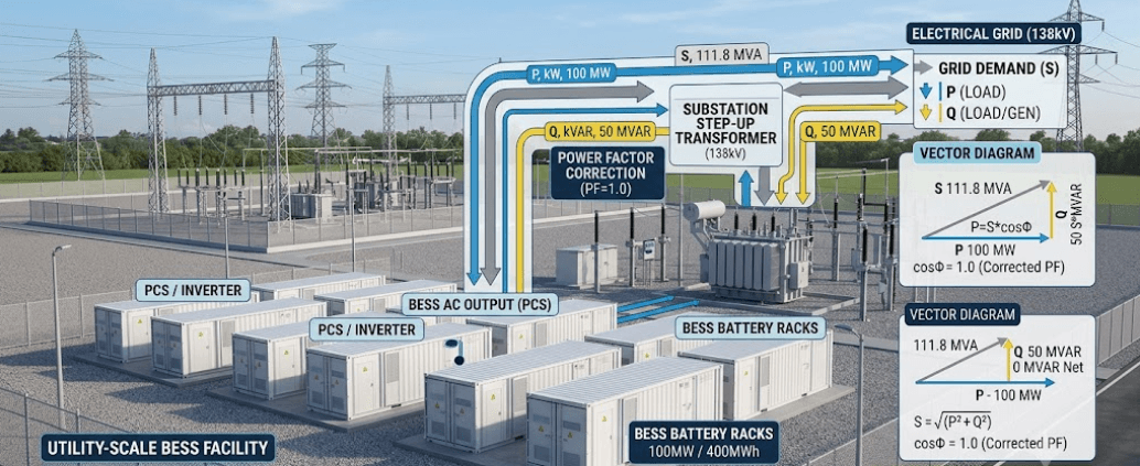 SunLith Energy Battery Energy Storage System providing active and reactive power support for grid stability and power factor correction