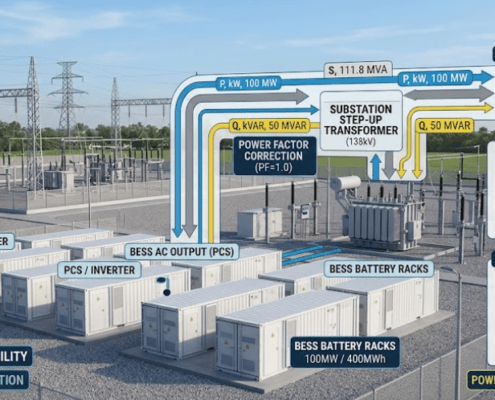 SunLith Energy Battery Energy Storage System providing active and reactive power support for grid stability and power factor correction