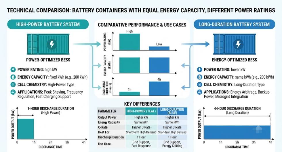 BESS Power vs Energy Duration Diagram - SunLith Energy - SunLith Energy SunLith Energy BESS specifications: Diagram comparing BESS power rating and energy capacity to determine discharge duration