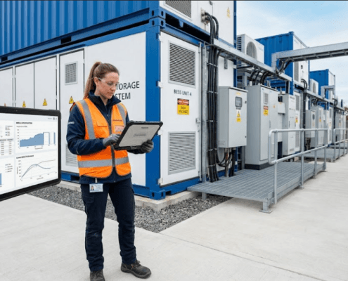 SunLith Energy Engineer reviewing BESS technical specification sheet on tablet in front of battery storage container