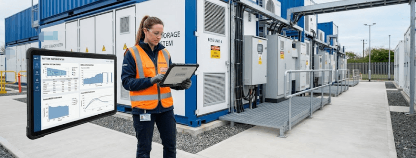 BESS Specifications Datasheet Review — SunLith Energy - SunLith Energy SunLith Energy Engineer reviewing BESS technical specification sheet on tablet in front of battery storage container