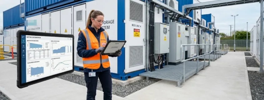 BESS Specifications Datasheet Review — SunLith Energy - SunLith Energy SunLith Energy Engineer reviewing BESS technical specification sheet on tablet in front of battery storage container