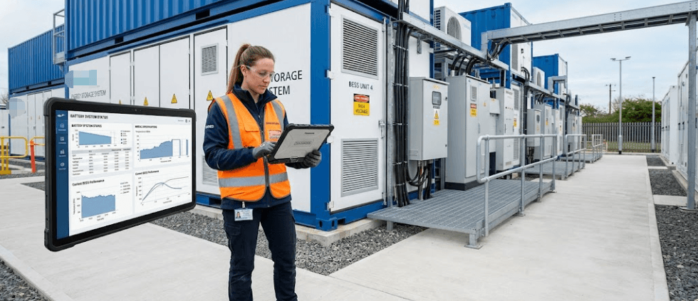 SunLith Energy Engineer reviewing BESS technical specification sheet on tablet in front of battery storage container