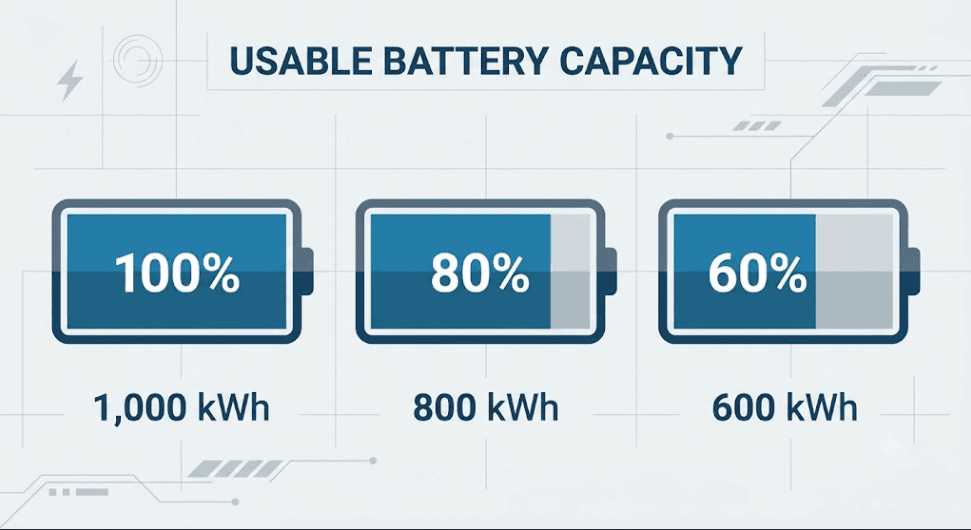 Infographic for 20/80 rule for batteries showing usable energy of a 1 MWh BESS under 0-100, 10-90, and 20-80 percent state of charge windows