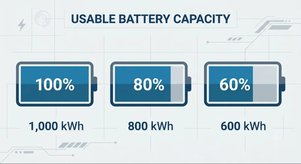 Infographic for 20/80 rule for batteries showing usable energy of a 1 MWh BESS under 0-100, 10-90, and 20-80 percent state of charge windows