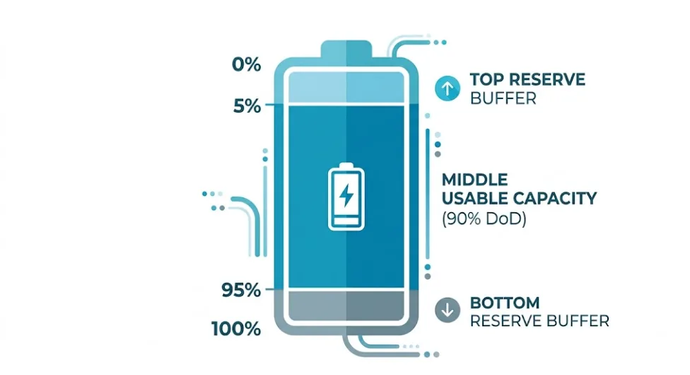 BESS Depth of Discharge and Usable Capacity - SunLith Energy - SunLith Energy SunLith Energy Infographic showing usable battery capacity versus depth of discharge reserve zones