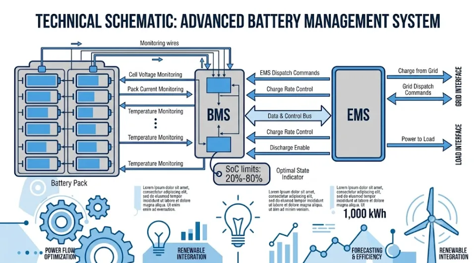 Diagram showing how a battery management system and energy management system enforce state of charge limits in a BESS