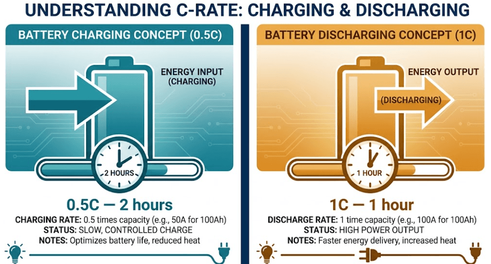 Split diagram: arrow into battery for charge C-rate (0.5C, 2 hrs), arrow out for discharge C-rate (1C, 1 hr)