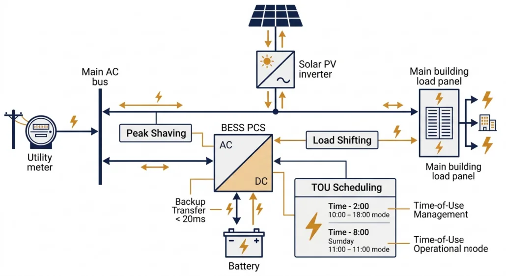 C&I BESS PCS single-line diagram showing bidirectional power flow between utility meter, solar PV inverter, BESS battery cabinet, and commercial building AC load panel for peak shaving and seamless backup transfer