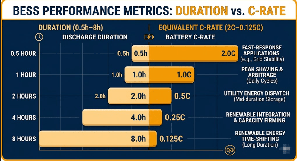 Bar chart showing BESS durations from 0.5hr to 8hr mapped to C-rates from 2C to 0.125C with application labels