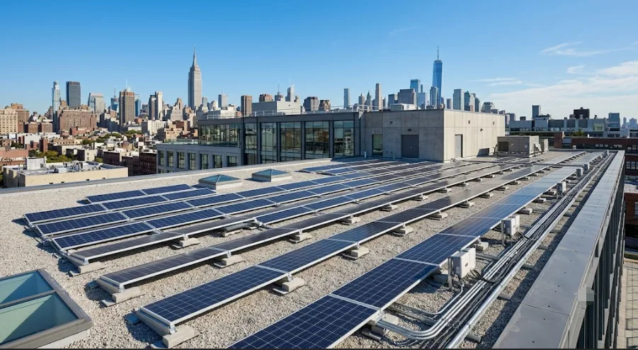 SunLith Energy Commercial flat roof solar panel installation with optimal tilt angle racking and correct inter-row spacing to prevent self-shading
