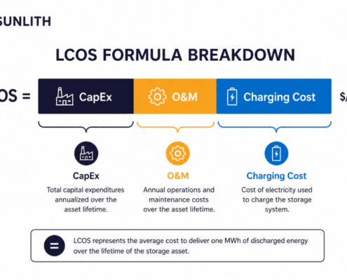 SunLith Energy Iron-air battery LCOS cost breakdown diagram showing CapEx O&M and charging cost components