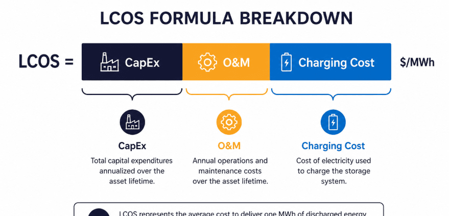 iron-air-battery-lcos - SunLith Energy SunLith Energy Iron-air battery LCOS cost breakdown diagram showing CapEx O&M and charging cost components