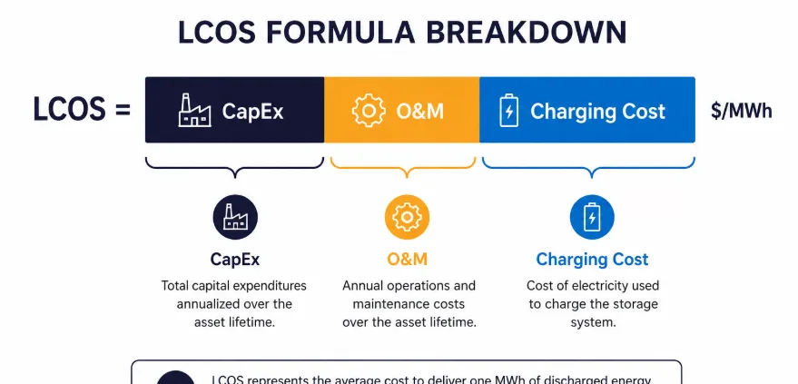 SunLith Energy Iron-air battery LCOS cost breakdown diagram showing CapEx O&M and charging cost components