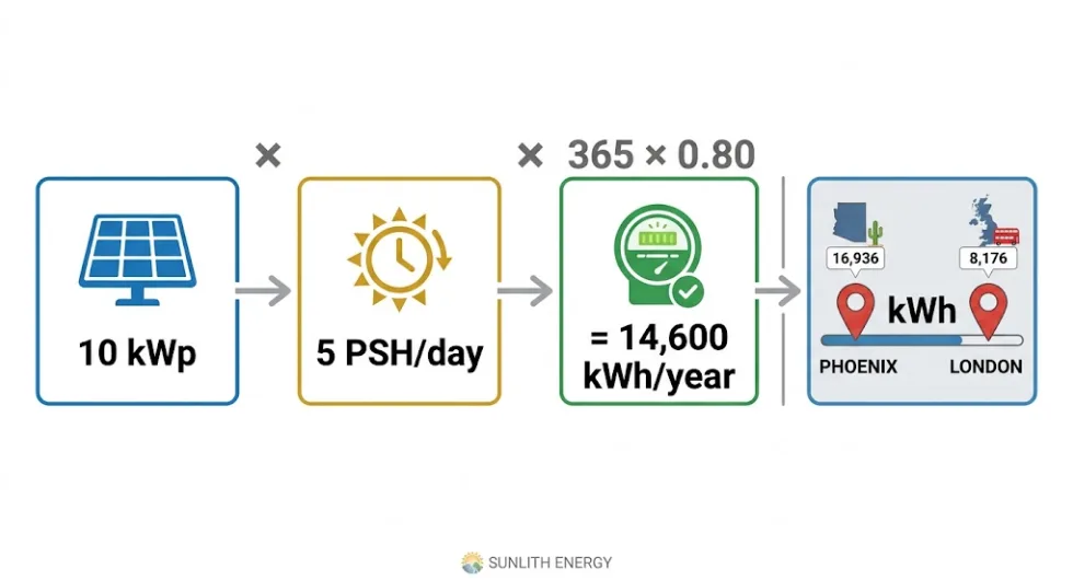 Flow diagram showing how a 10 kWp solar system rating converts to annual kWh output using peak sun hours and efficiency factor