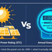SunLith Energy Side-by-side diagram showing kWp solar panel peak power rating on the left and kWh annual energy output on the right with sun and battery icons