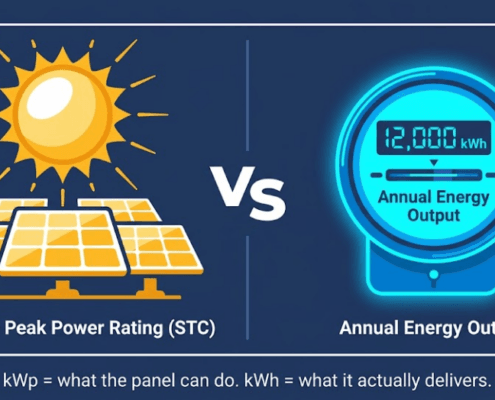 SunLith Energy Side-by-side diagram showing kWp solar panel peak power rating on the left and kWh annual energy output on the right with sun and battery icons