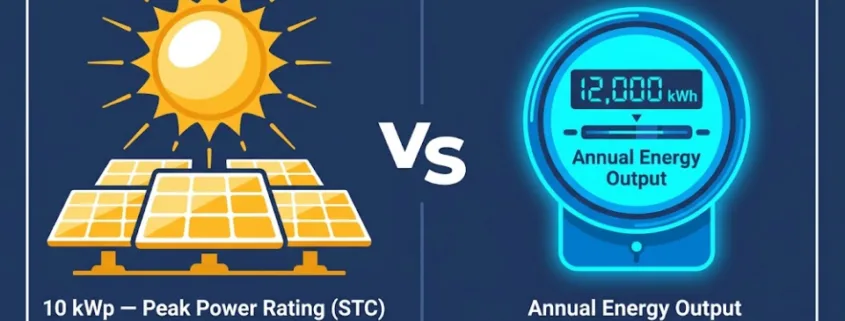Side-by-side diagram showing kWp solar panel peak power rating on the left and kWh annual energy output on the right with sun and battery icons
