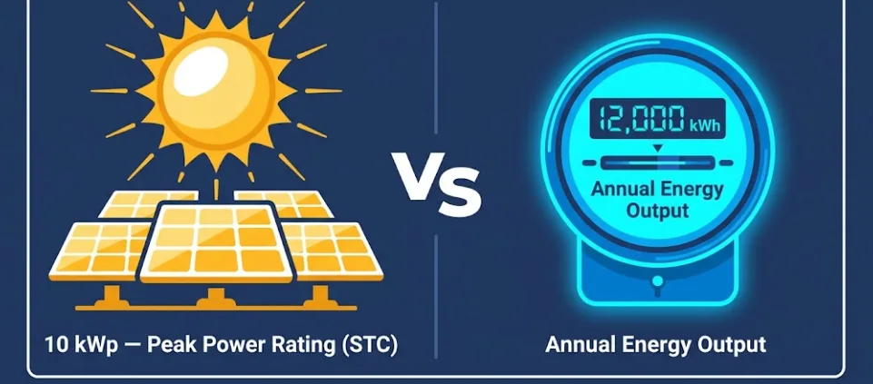 SunLith Energy Side-by-side diagram showing kWp solar panel peak power rating on the left and kWh annual energy output on the right with sun and battery icons
