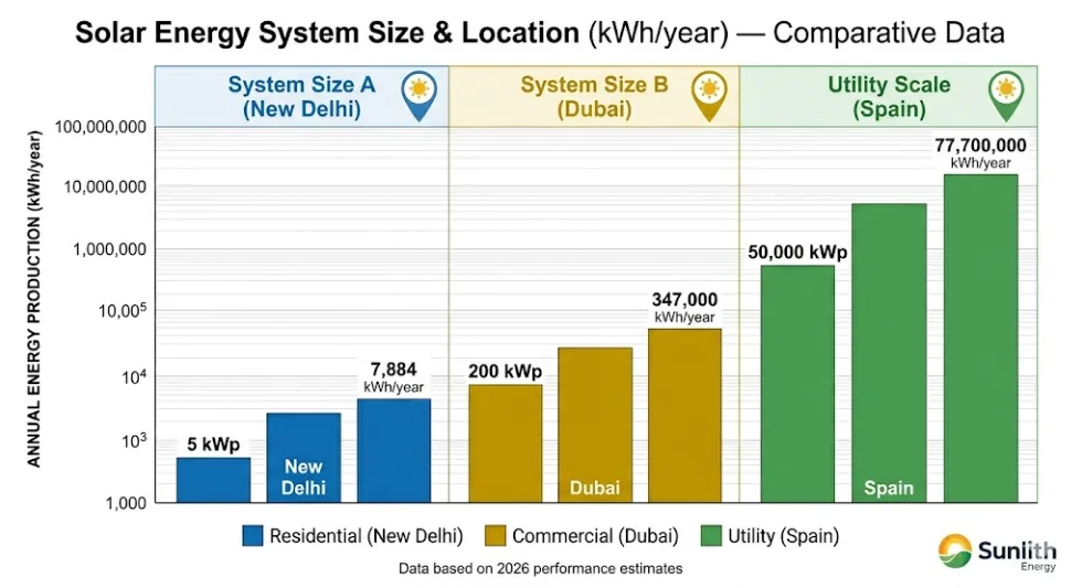 Bar chart comparing annual kWh output for a 5 kWp residential system a 200 kWp commercial system and a 50 MWp utility solar farm