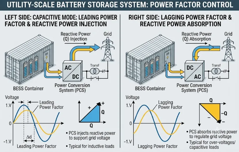 SunLith Energy Comparison between leading and lagging power factor operation in battery energy storage systems