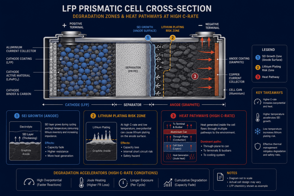 SunLith Energy Infographic cross-section of an LFP prismatic cell showing positive/negative terminals, SEI growth, lithium plating risk zone, heat pathways, and labeled components (anode, cathode, separator, copper/aluminum current collectors).