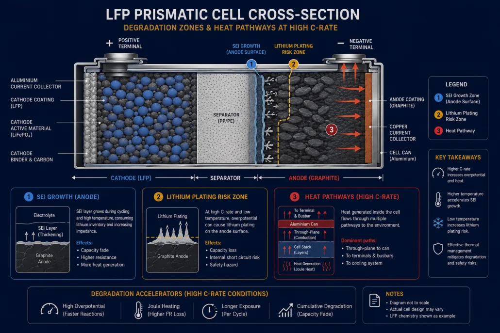 Infographic cross-section of an LFP prismatic cell showing positive/negative terminals, SEI growth, lithium plating risk zone, heat pathways, and labeled components (anode, cathode, separator, copper/aluminum current collectors).