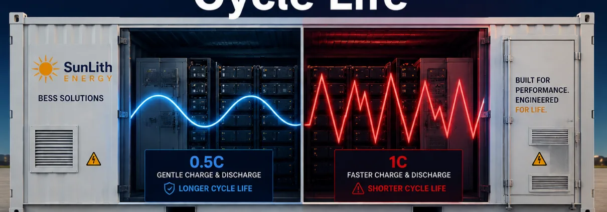 SunLith Energy liquid-cooled BESS 0.5C vs 1C cycle life (LFP Data)