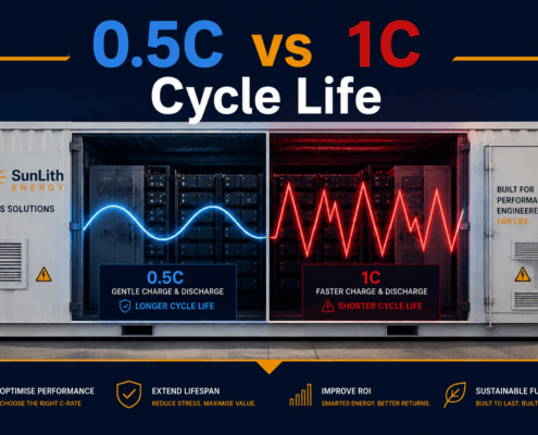 SunLith Energy liquid-cooled BESS 0.5C vs 1C cycle life (LFP Data)