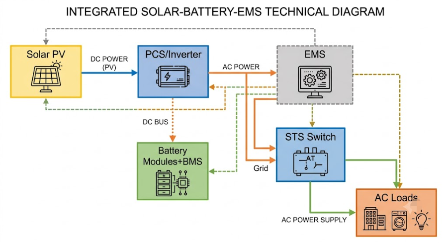 Technical architecture diagram of a microgrid BESS showing solar PV, BMS, PCS, EMS, and battery modules connected to AC loads