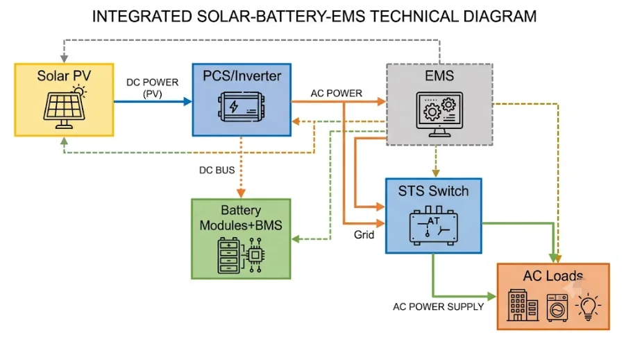Technical architecture diagram of a microgrid BESS showing solar PV, BMS, PCS, EMS, and battery modules connected to AC loads