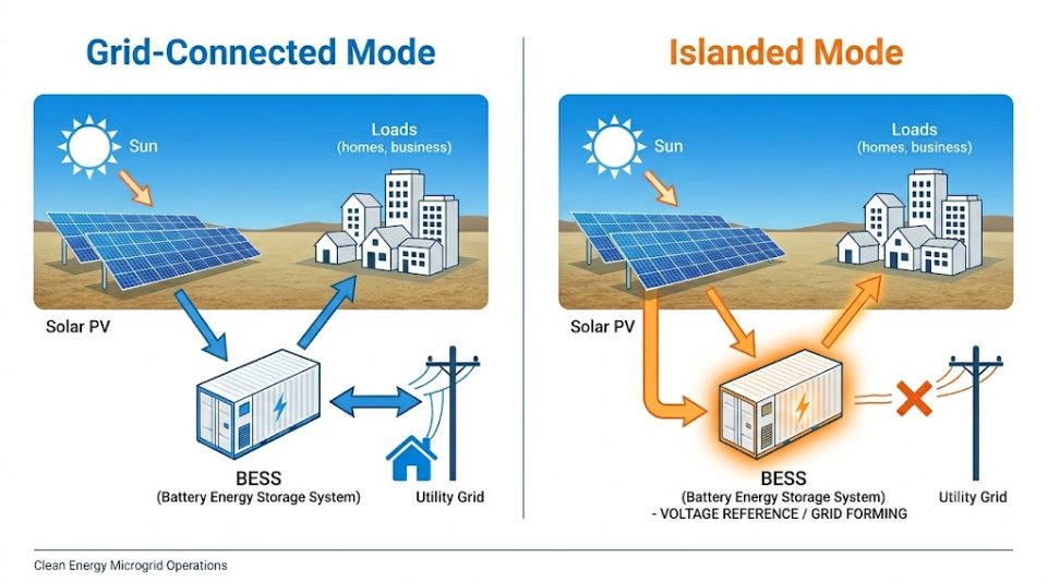 Diagram showing microgrid BESS in grid-connected mode (left) and islanded mode (right) with solar PV and battery storage