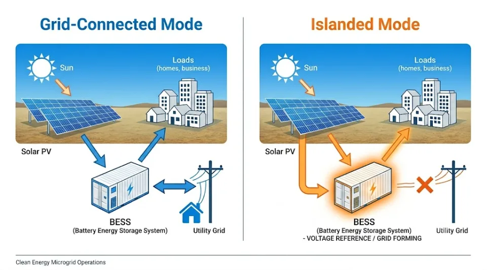 Diagram showing microgrid BESS in grid-connected mode (left) and islanded mode (right) with solar PV and battery storage