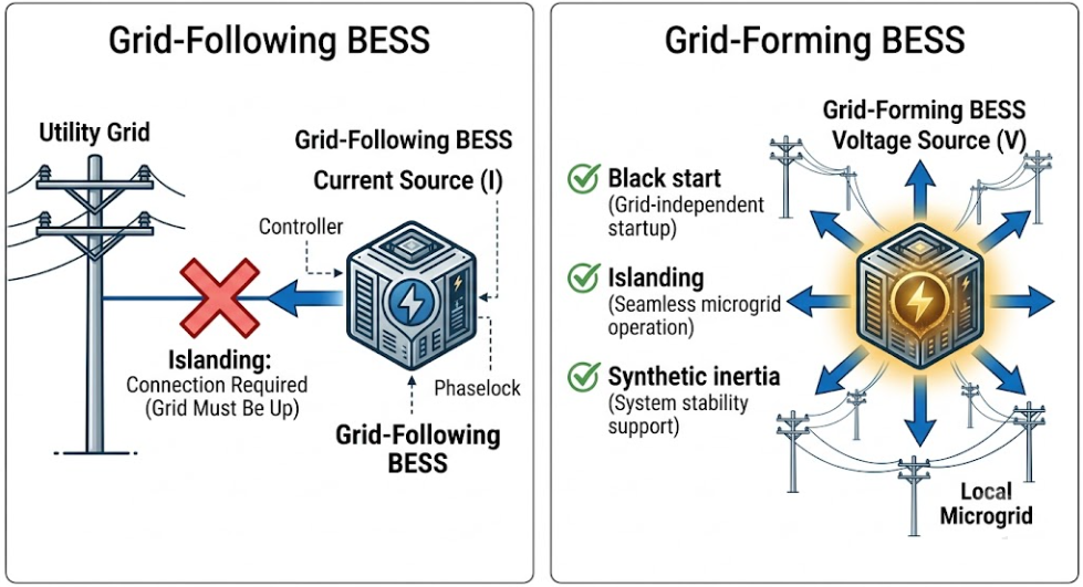 Side-by-side comparison of grid-forming BESS as voltage source versus grid-following BESS as current source for microgrid operation