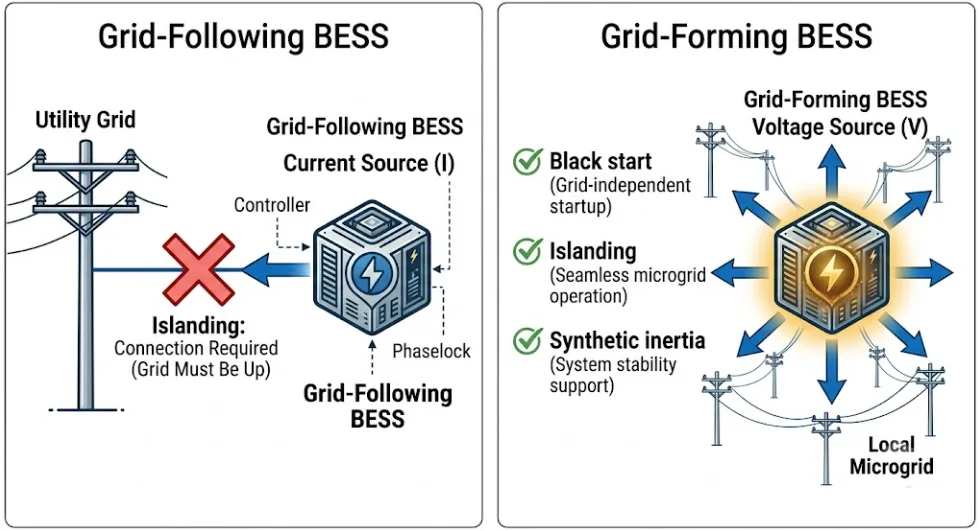 Side-by-side comparison of grid-forming BESS as voltage source versus grid-following BESS as current source for microgrid operation