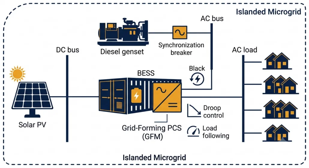 Microgrid BESS PCS diagram showing grid-forming mode operation with solar PV, diesel genset, battery storage, and AC load bus in an isolated off-grid system with no utility grid connection, showing black start and droop control functions
