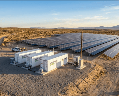 SunLith Energy Microgrid BESS system with solar panels and containerized battery energy storage units at a remote industrial facility.