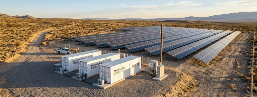 Microgrid BESS system with solar panels and containerized battery energy storage units at a remote industrial facility.