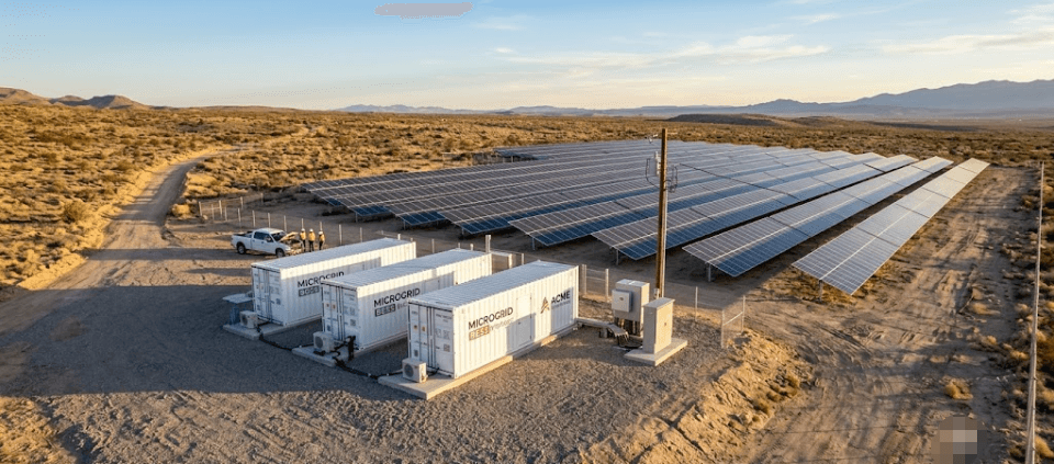 SunLith Energy Microgrid BESS system with solar panels and containerized battery energy storage units at a remote industrial facility.