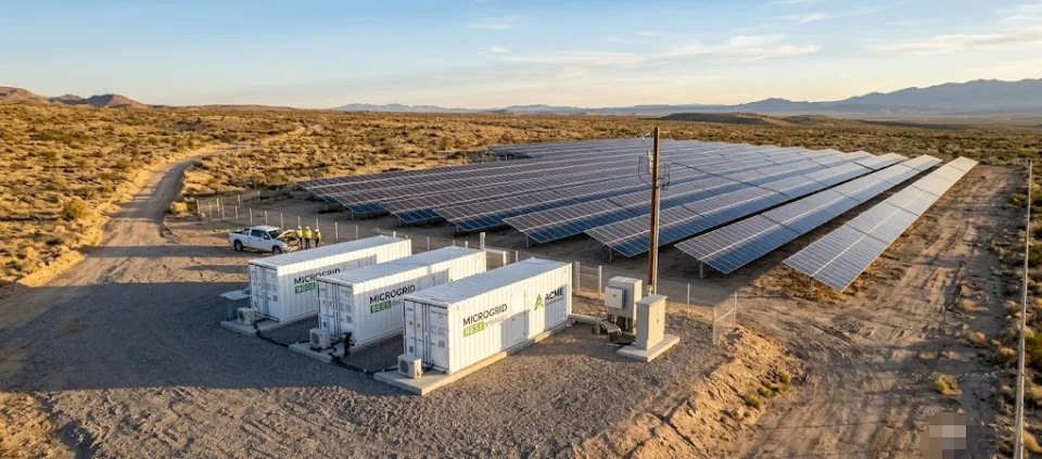 SunLith Energy Microgrid BESS system with solar panels and containerized battery energy storage units at a remote industrial facility.