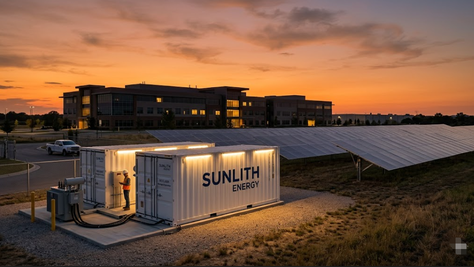 Microgrid BESS project by Sunlith Energy — containerized battery storage and solar panels at a commercial facility at dusk