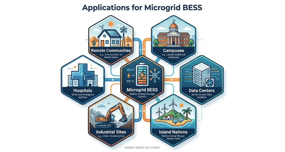 Infographic showing six microgrid BESS use cases: remote communities, hospitals, mining, campuses, data centers, and island nations