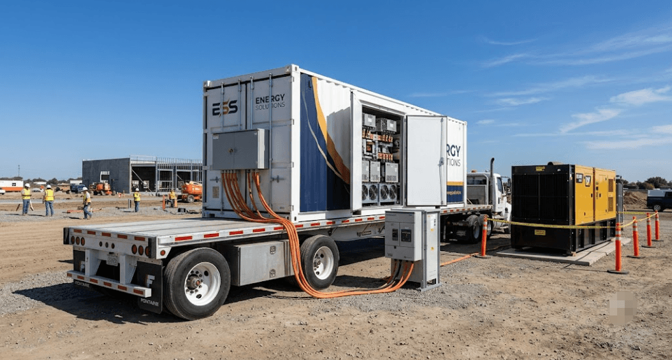 Mobile BESS PCS — Trailer-Mounted Battery Storage for Temporary Power - SunLith Energy SunLith Energy Mobile BESS PCS trailer-mounted battery energy storage system at a temporary construction site showing compact power conversion system unit, diesel genset integration, and rapid site commissioning setup