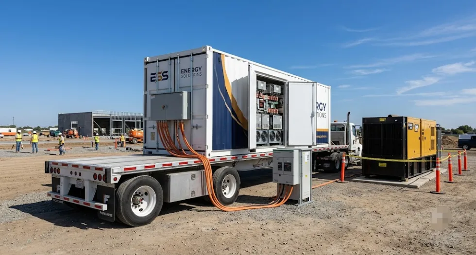 Mobile BESS PCS trailer-mounted battery energy storage system at a temporary construction site showing compact power conversion system unit, diesel genset integration, and rapid site commissioning setup