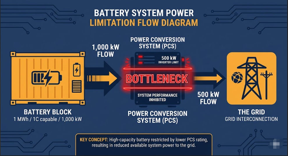 Diagram of 1 MWh battery rated at 1C connected to 500 kW PCS showing system output limited to 500 kW