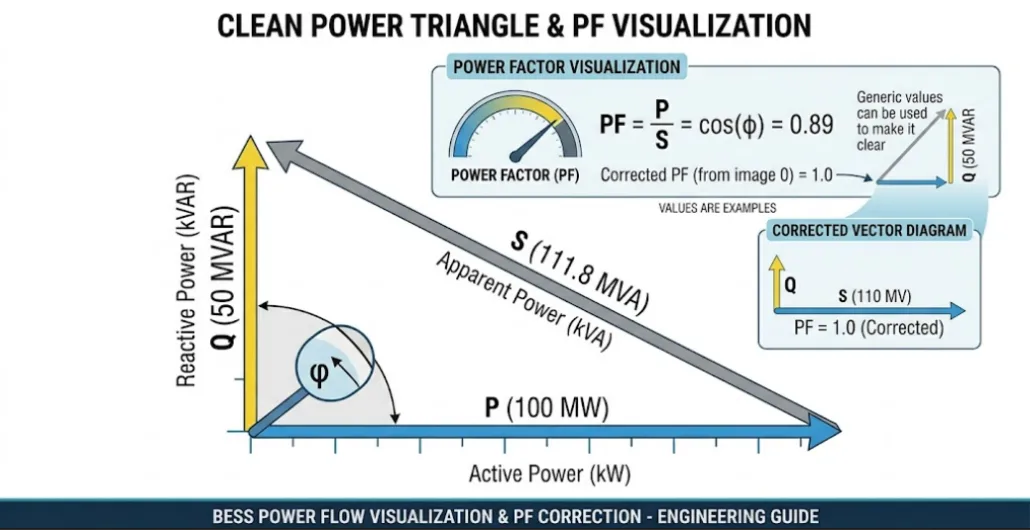 SunLith Energy Power triangle showing relationship between active power reactive power and apparent power in a battery energy storage system