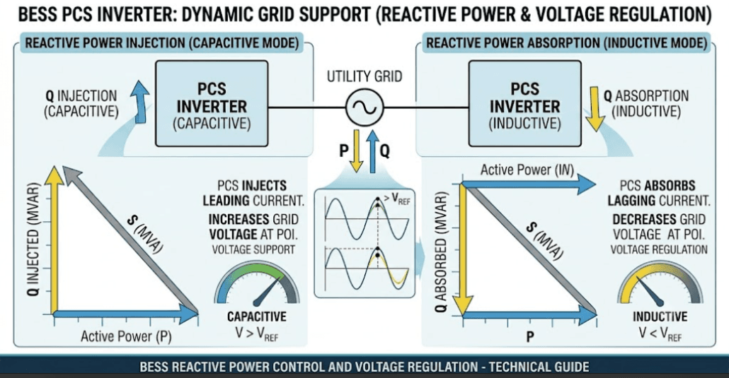 Reactive Power Control in BESS - SunLith Energy SunLith Energy Battery energy storage PCS inverter supplying and absorbing reactive power for voltage regulation