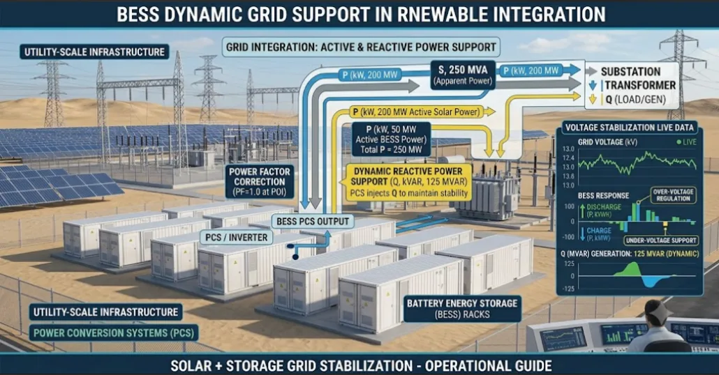 SunLith Energy BESS Power factor stabilizing voltage  in a renewable energy grid with solar and wind generation