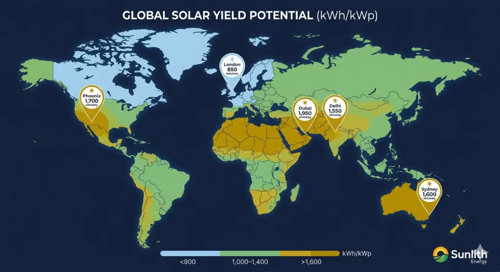 World map showing solar specific yield in kWh per kWp per year colour-coded from high yield regions in MENA and Australia to lower yield in Northern Europe