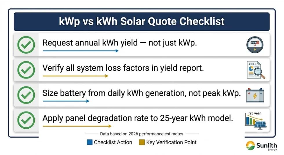 Checklist infographic listing four verification steps for reviewing kWp and kWh accuracy when comparing solar quotes